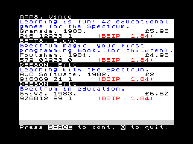 Booklist for ZX Spectrum image, screenshot or loading screen