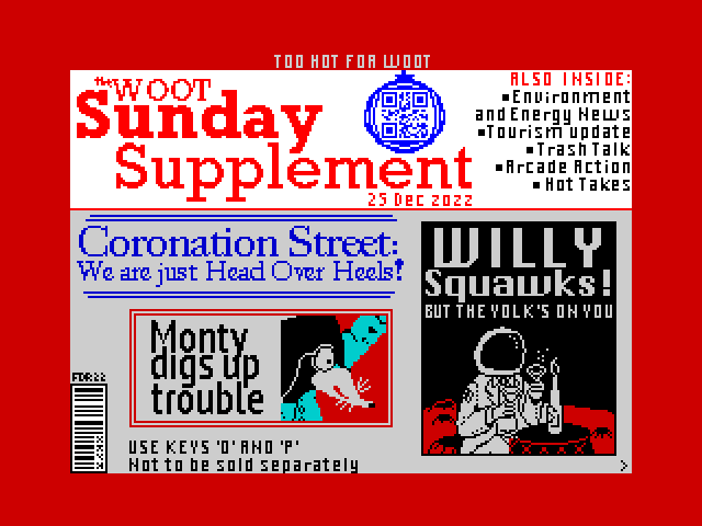 screen shot of Woot Sunday Supplement loading screen which is in the style of a trashy tabloid newspaper